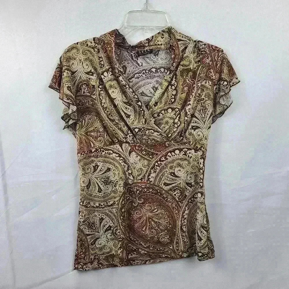 Vintage JKLA Cowl Neck Paisely Pattern Brown Blouse Women's Small